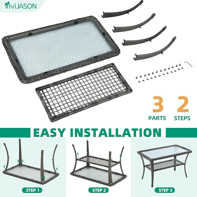 VIVIJASON Outdoor Wicker Coffee Table, All-Weather Rattan Patio Coffee Table with 2-Tier Storage, Tempered Glass Top Rectangle Center Table for Deck, Garden, Balcony, Indoor or Outdoor Use, Gray