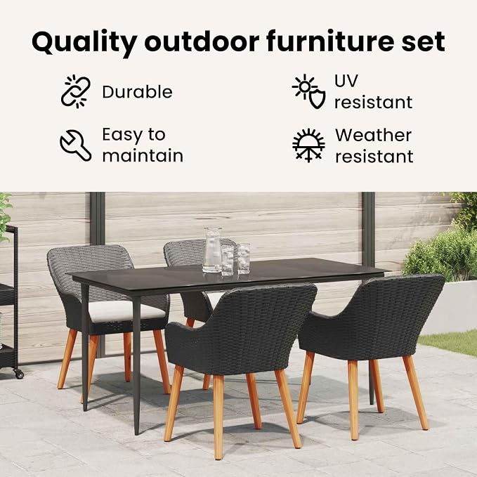 BOWERY HILL 5 Piece Poly Rattan Patio Dining Set, Black Finish, Cushioned Chairs, Tempered Glass Tabletop, Weather-Resistant, Seating for 4, Modern Outdoor Furniture for Garden or Patio Dining