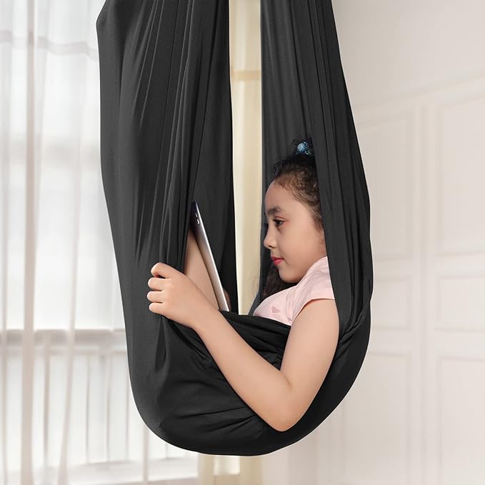 Kids Sensory Therapy Swing Hammock Children's Swing Hammock Indoor Elastic Cuddle Pod Swing for Autism Boys Girls with ADHD SPD Asperger's Sensory Integration Special Needs (Black)