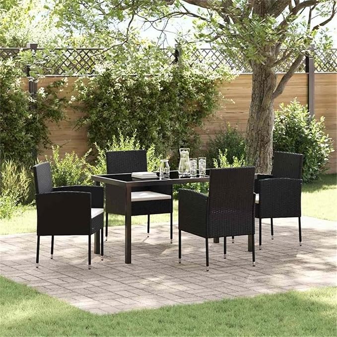 Afuera Living 5 Piece Poly Rattan Garden Dining Set, Black Finish, Tempered Glass Table, Cushioned Seats, UV-Resistant Outdoor Furniture for Patio, Garden, or Outdoor Dining Events