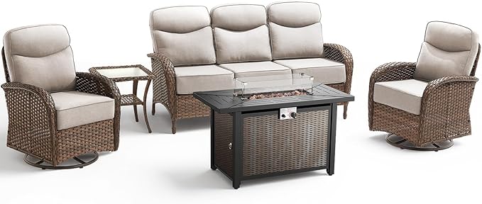 Luxury Patio Furniture Set with 42.5" Fire Pit Table, 6-Inch Thick Cushions Wicker Outdoor Furniture with High Back Swivel Patio Chairs Set of 2, Patio Conversation Set for Deck Garden Porch, Beige