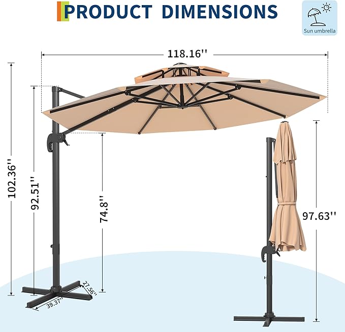 10FT Outdoor Umbrellas for Patio, Cantilever Umbrella with Steel Frame, UV Protection, Fade Resistant Fabric, 360 Degree Rotation, Pool Umbrellas Outdoor for Garden Deck Backyard