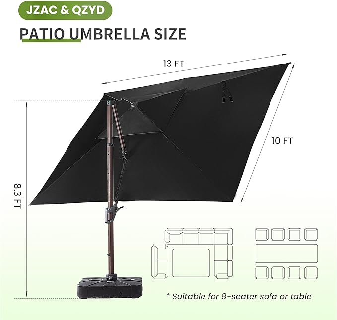 JZAC & QZYD 10X13 FT Outdoor Cantilever Patio Umbrella with Base Included and LED Lights, Large Heavy Duty 2-Tier Aluminum Offset Umbrellas with 360-Degree Rotation for Pool Deck, Black