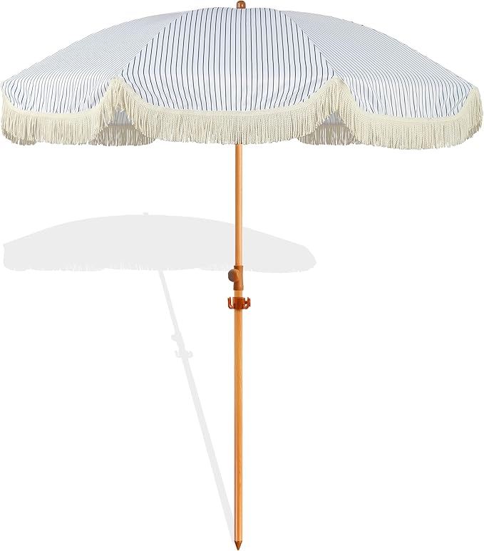 Seazul 6.5ft Patio Umbrella with Fringe, Beach Umbrella, Fringe Umbrella Outdoor Patio with Hanging Hook, Tilting Aluminum Pole, UV 50+, Fiberglass Ribs, Blue White Stripe