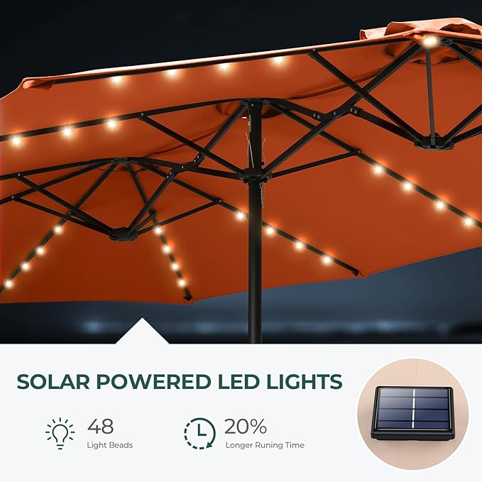 HOMSHADE Double Sided Patio Umbrellas - 13ft Solar Lights LED Lighted Outdoor Extra Large Market Table Umbrella with Base Included, Oversized Umbrella for Deck, Pool, Backyard
