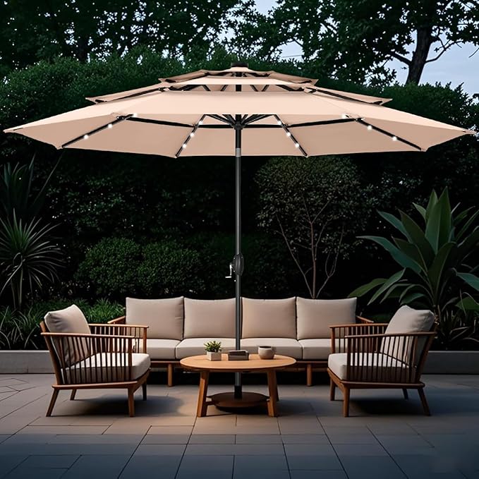 GREEN PARTY 10ft Patio Umbrella with Solar Lights, Auto-Tilt Lighted Market Table Umbrellas with Crank, 8 Sturdy Ribs & 1.5" Pole outdoor umbrellas for Patio Garden Deck Backyard Pool, Beige