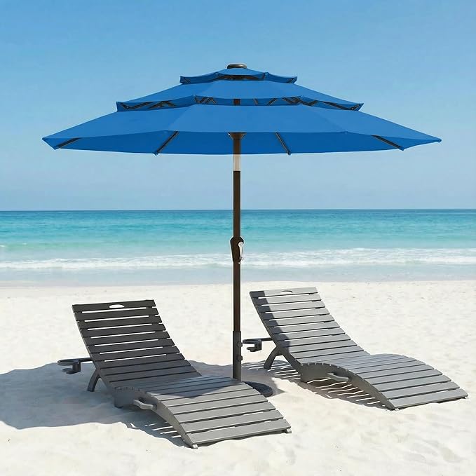 10ft Patio Umbrella, 3 Tier Outdoor Market Table Umbrellas with 8 Fiberglass Ribs and Push Button Tilt, Windproof, Vented Canopy, UV Protection for Deck, Pool, Backyard