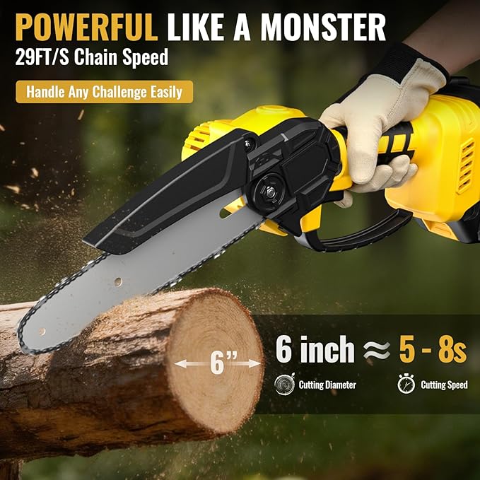 Mini Chainsaw Cordless,6-inch Electric Chain Saw with 2 Lithium Battery Powered,Hand Held Saw for Tree Trimming and Wood Cutting,Best Garden Tools,Unique Gift for boyfriend,father,Men,Yellow