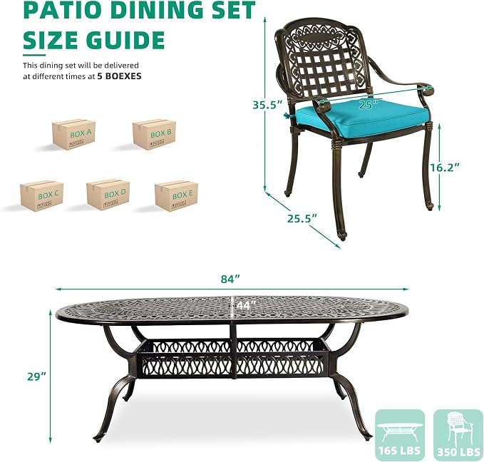 VIVIJASON 9-Piece Outdoor Cast Aluminum Dining Set, Rust-Free Classic Vintage Patio Furniture Set, Include 8 Cushioned Chairs and an Oval Table with Umbrella Hole for Lawn Backyard, Ocean Blue Cushion