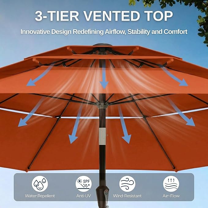10ft Patio Umbrella, 3 Tier Outdoor Market Table Umbrellas with 8 Fiberglass Ribs and Push Button Tilt, Windproof, Vented Canopy, UV Protection for Deck, Pool, Backyard