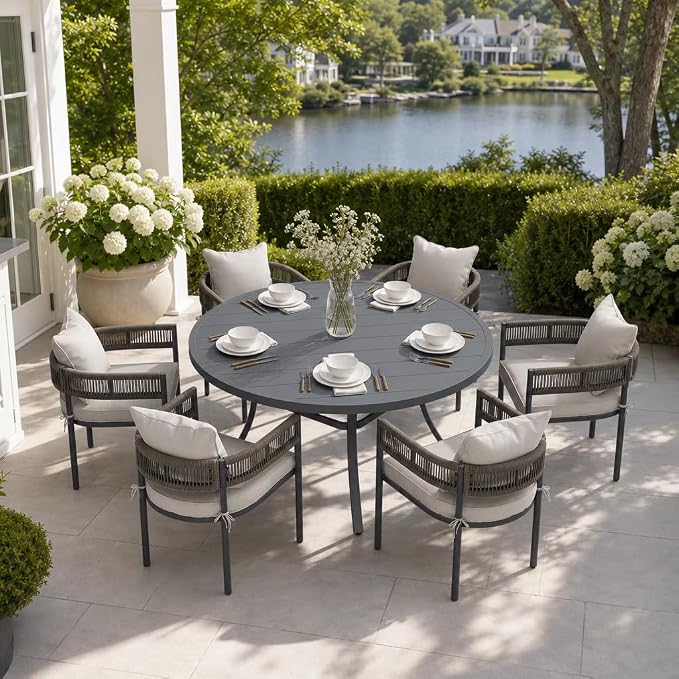 VICLLAX Patio Dining Set, 53" Dark Grey Table & 6 Chairs with Wheat Cushion | Outdoor Table and Chairs Set of Round Metal Patio Table, Outdoor Dining Chairs with Metal Frame, Garden Deck Porch