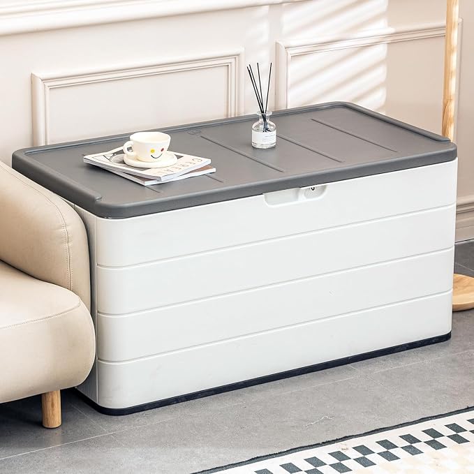 Outdoor Storage Box, 100 Gallon Plus Resin Deck Box Waterproof for Patio Furniture, Garden Tools and Pool Accessories, Lockable UV-Resistant Storage Bin Bench Cabinet for Outside, White