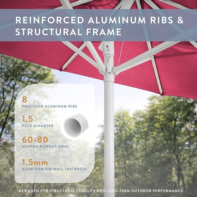 California Umbrella 12-Year Protection 9-Ft Outdoor Patio Umbrella, Sunbrella Fade-Resistant Fabric, Auto-Tilt, Heavy Duty Aluminum Frame, 8 Reinforced Ribs for Pool or Deck, White Pole, Hot Pink