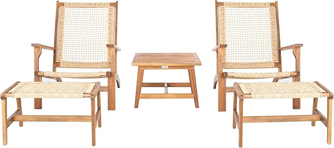 SAFAVIEH Outdoor Collection Chantelle Acacia Wood Woven Rattan 5-Piece Patio Set PAT7076A, Natural/Light Brown