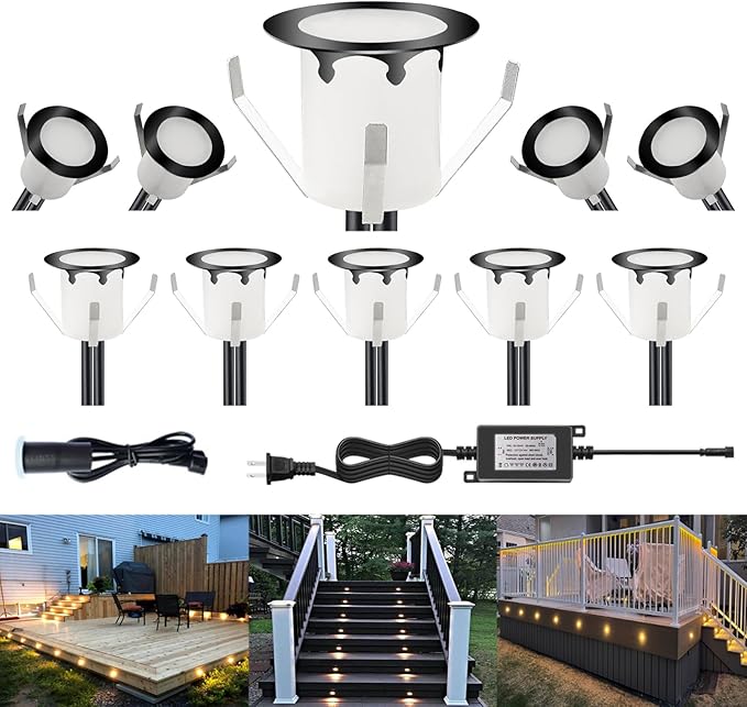 LED Outdoor Deck Lights with Photocell, Φ1.18in Warm White 10 Pack Black, Low Voltage 12V DC IP67 Waterproof, Electric Wired Recessed Stair Step Riser Landscape Lighting for Outside Floor Yard