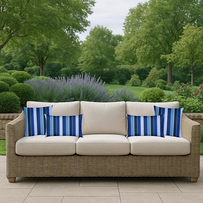 RSH DECOR: Sunbrella Lumbar & Square Pillows Set of 4 | 20" x 12" & 17" x 17" | Water and Fade-Resistant Performance Fabric | Outdoor Throw Pillows for Patio Furniture | Milano Cobalt