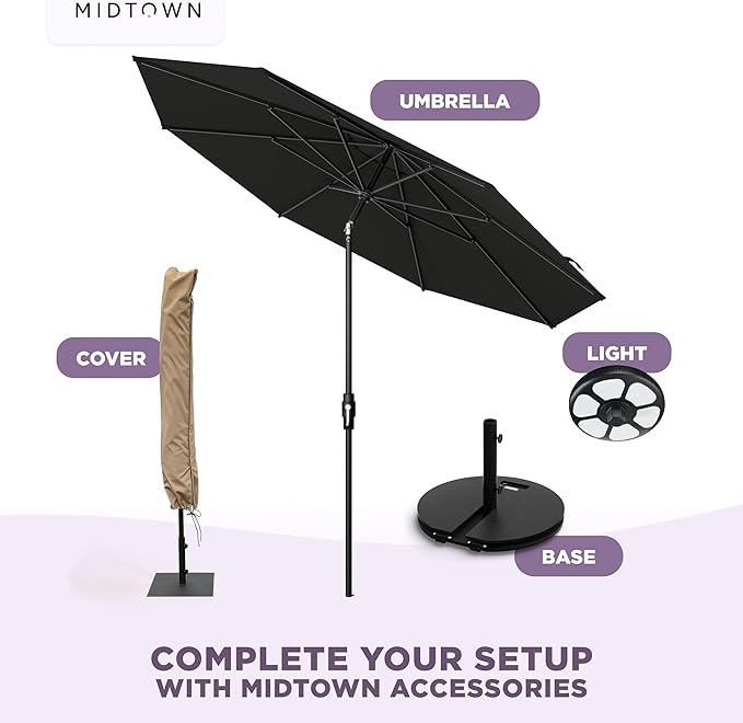 Midtown Umbrellas – The Swilt 8 Ft Patio Umbrella with 360° Swivel & Tilt Mechanism, Sunbrella Fabric & 8 Fiberglass Ribs – Outdoor Umbrella for Deck, Pool & Cafes – Black Canopy, Black Pole