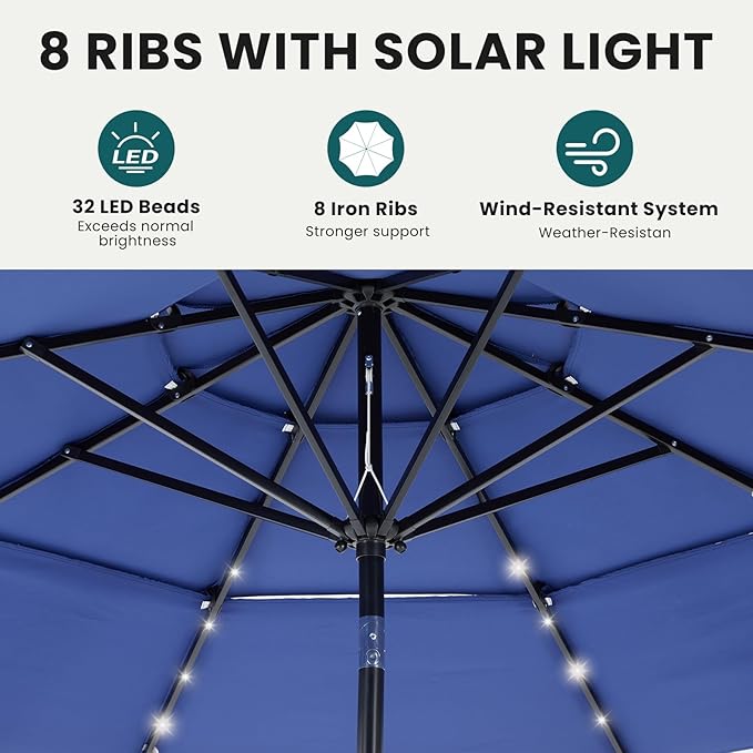 DUMOS 10FT 3 Tier Patio Umbrella with 32 LED Lights, Outdoor Patio Umbrella with Crank, Table Umbrellas 8 Sturdy Ribs for Pool, Market, Terrace, Beach, Outdoor Restaurant, Blue