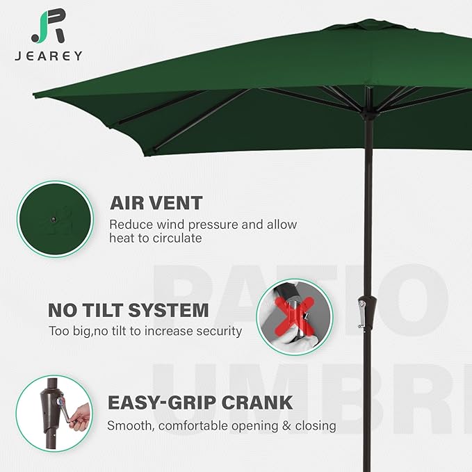 JEAREY 8x10 ft Rectangular Patio Umbrellas Outdoor Table Market Umbrella w/Crank, 8 Sturdy Ribs, UV Protection Windproof Sunproof for Garden, Deck, Backyard, Pool(Dark Green)