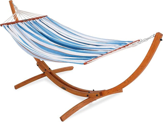 Lazy Daze Hammocks Cotton Fabric Spreader Bar Hammock and 10.5 Ft Wood Arc Hammock Stand Combo, for Indoor, Outdoor, Patio, Backyard, Blue and White