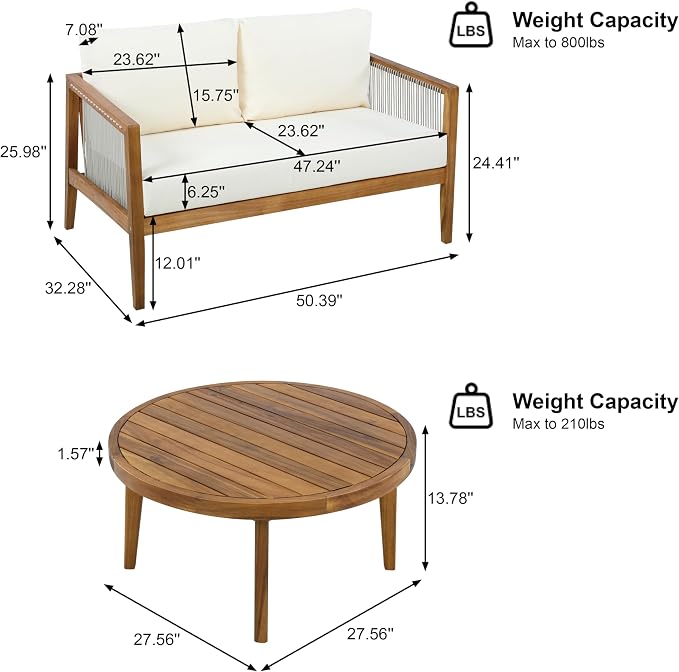 Christopher Knight Home Lalulu 4-Seater Patio Furniture Set with Cushion, 4 Piece Outdoor Acacia Wood Conversation Set, Sold Wood Outdoor Sectional Sofa Set with Coffee Table, Teak+Beige