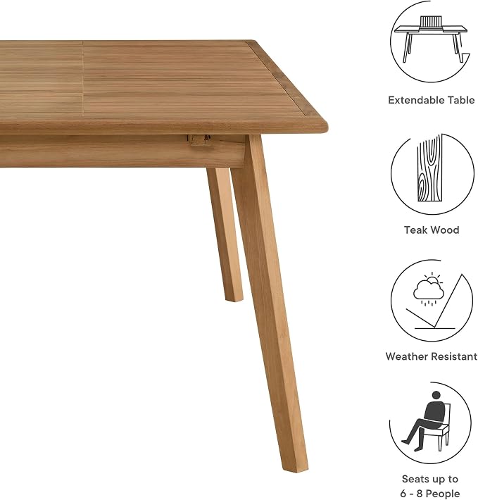 Modway Vienna Outdoor Patio Teak Wood Extendable Dining Table in Natural