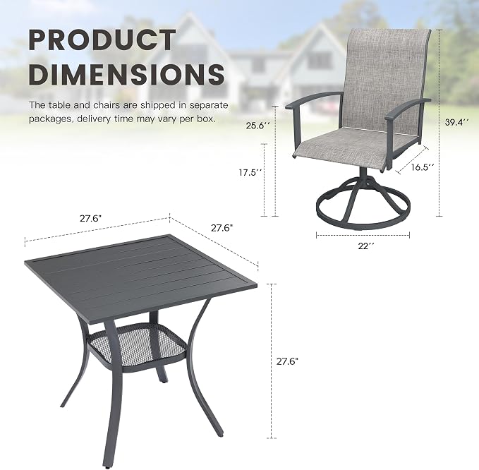 3 Pieces Small Patio Dining Set, Outdoor Furniture of 27.5" Square Small Patio Table and Patio Swivel Chairs for Backyard Lawn Garden, Dark Grey Table and Grey Chairs