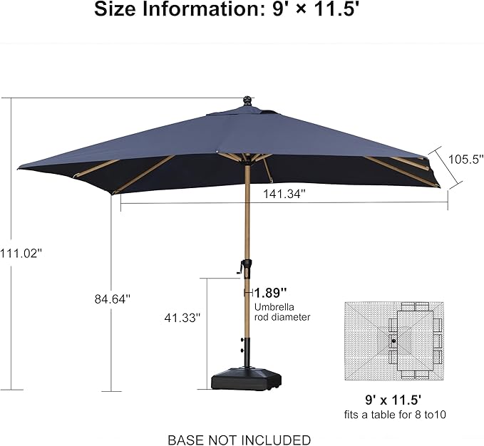 PURPLE LEAF 9' x 12' Patio Umbrella Outdoor Table Umbrella Rectangular Aluminum Market Umbrella with 8 Sturdy Ribs & Crank Outdoor Umbrellas for Garden Deck Patio, Navy Blue
