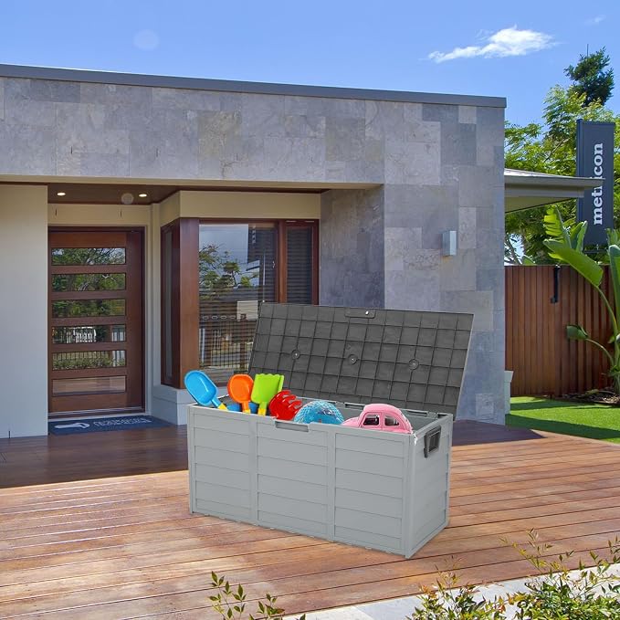 75 Gallon Plastic Deck Box with Wheels, Lockable Patio Outdoor Storage Box for Furniture, Garden Tools and Tools Storage, Waterproof Outside Storage Boxes - Large, Grey