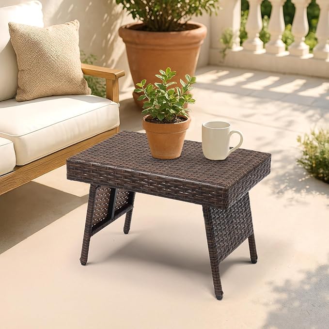 Rattan Folding Patio Side Tables for Outside, Portable & Lightweight Compact Foldable Wicker End Table Small Coffee Table for Poolside Lawn Garden Balcony