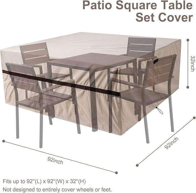 Square Patio Table Cover 92''L x 92''W x 32''H Waterproof 600D Patio Dining Table and Chairs Cover Square Large