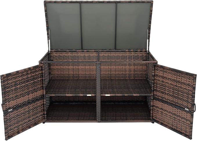 Henf Outdoor Wicker Storage Box Patio Rattan Deck Box with Double Doors & Shelf, All Weather Patio Furniture Storage Organizer for Storing Tools, Accessories and Toys (Brown)