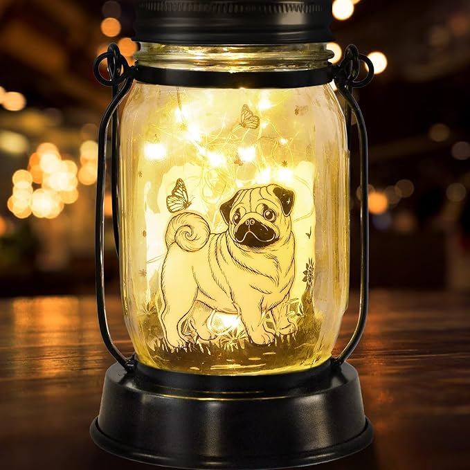 Pug Dog Gifts for Women/Men Pug Dog Solar Lanterns Mom Birthday Gift Pet Loss Lantern Pet Memorial Lights Solar Garden Decoration for Yard, Patio,Backyard,Porch Torches