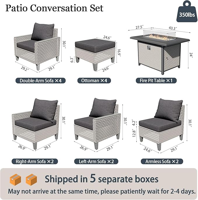Outdoor Patio Furniture Set with Fire Pit Table 15-Piece Modular Wicker Sectional Sofa with Ottomans and Thick Cushions, Modern Rattan Outdoor Conversation Couch, Black