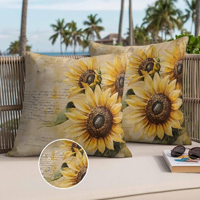 Retro Sunflower Outdoor Waterproof Throw Pillow Covers Set of 2, 24"x24", Pastoral Floral Painting Newspaper Background Decorative Pillow Covers Outside Cushion Case for Patio Porch Garden