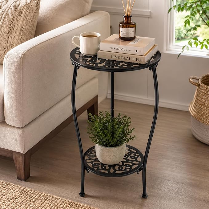 2-Pack 13" 2-tiered Metal Round Side Tables Small Black Outside End Table for Patio Round Accent Garden Corner Stand for Small Spaces Weather-resistant Outdoor Coffee Table for Balcony, Black