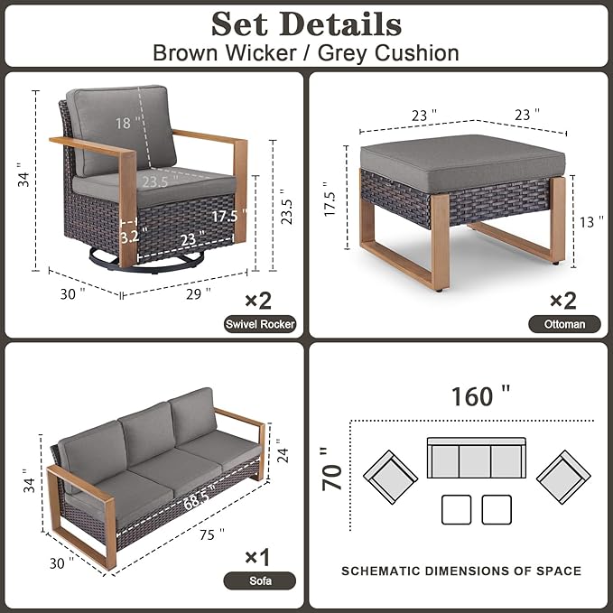 Belord 5 Piece Patio Furniture Set with Swivel Chairs, PE Wicker Patio Sofa Set Outdoor Swivel Rocker Patio Chairs with Anti-Rust Metal Wide Armrests for Deck Backyard Sunroom