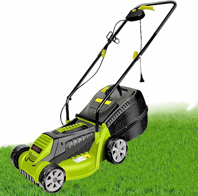 Corded Electric Dethatcher, 13-Inch Push Lawn Sweeper, Strong Rubber Wheels & Adjustable Mowing Height, Lightweight Walk-Behind Lawn Mower Clear, Green