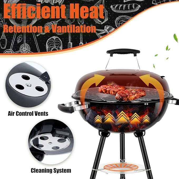 18 Inch Charcoal Grill, Leonyo Portable Barbecue Kettle Grill, Round Smoker with Wheels and Porcelain-Enameled Lid for Outdoor Cooking, Camping, Backyard and Beach, Black