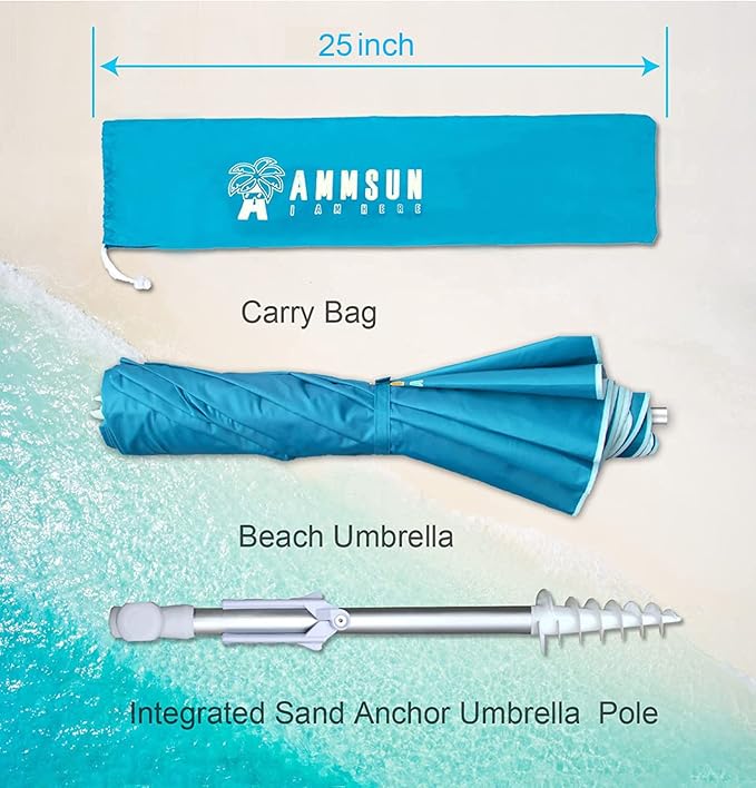 AMMSUN 6ft Folded Portable Travel Beach Umbrella with Sand Anchor Tilt Air vent UPF 50+UV Protection Fit In Suitcase Compact Foldable Telescopic umbrellas for Patio Garden Beach Pool Sky Blue