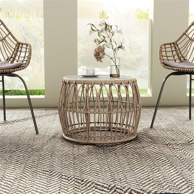 MAKLAINE Round Outdoor Coffee Table, Natural Finish, PE Wicker Rattan with Tempered Glass Top, 21.65" Diameter x 15.75" Height, Boho Coastal Style, Durable Patio or Indoor Furniture