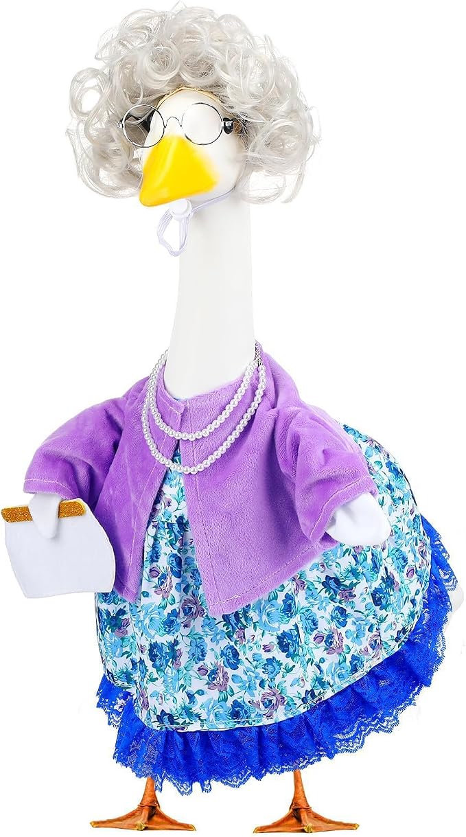 Old Lady Porch Goose Outfits Grandma Goose Clothes Glasses Curly Wig Floral Print Dress Cardign and Pearl Necklace,23'' Geese Statue Outdoor Patio Yard Lawn Decoration (Purple B)