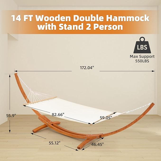 ECOTOUGE 14 FT Hammock with Stand, 2 Person Heavy Duty Hammock Stand, Large Hammock Bed for Porch, Patio, Balcony, Garden, Backyard, White-Yellow