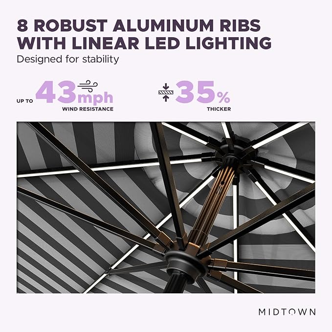 Midtown Umbrellas The LED Swilt 10 Feet Patio Umbrella With Terylast Matter Stripes (Grey/White) Polyester Fabric - Auto-Tilt Aluminum Frame w/LED Lights For Backyard, Deck, Garden, Pool - Black Pole