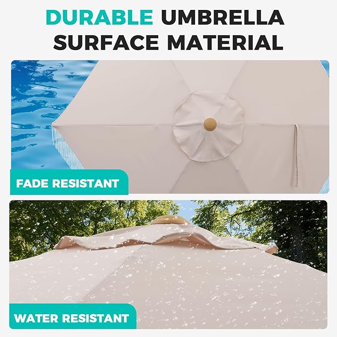 7.5ft Fringe Umbrella,Outdoor Market Umbrella with Push Button Tilt and Crack for Garden, Pool, Deck, Bistro,Khaki
