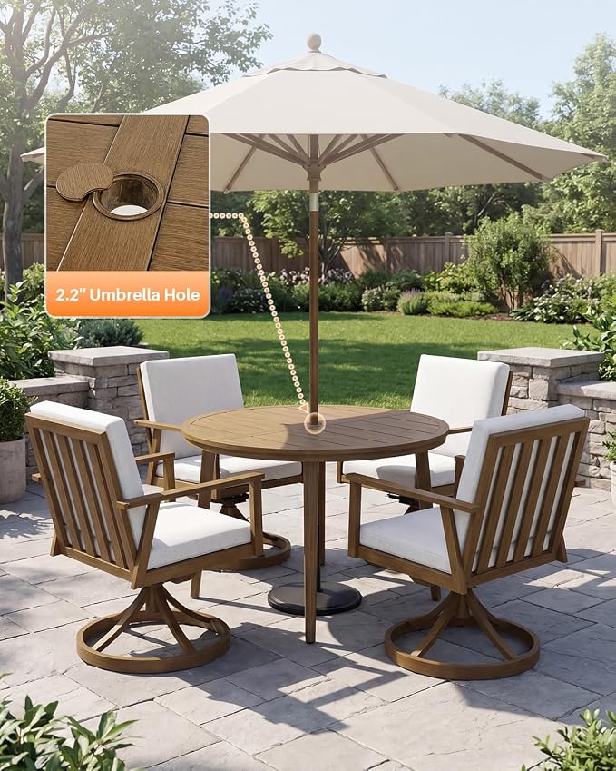 5-Piece Round Patio Swivel Dining Set, Aluminum Round Outdoor Dining Set with 4 Swivel Chairs, Patio Dining Table Set with Cushions, Never-Rust Outdoor Furniture Set for Pool, Deck, Lawn, Teak