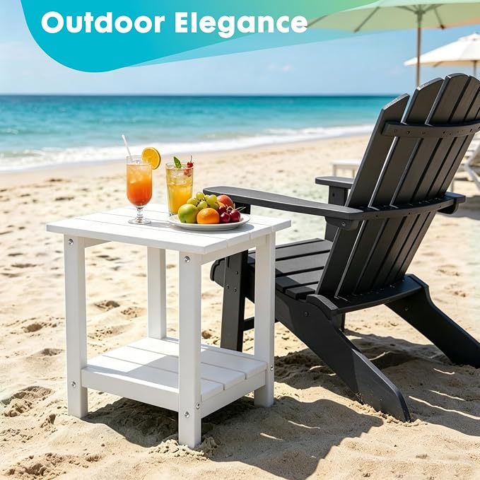 Outdoor 2-Tier Square Side Table, Adirondack Weather Resistant Patio End Table, Low Maintenance HDPE Accent Table for Backyard, Pool, Porch, Deck, White