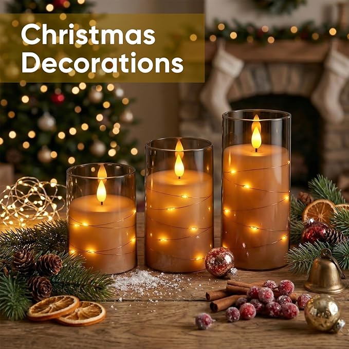 Amagic Grey Battery Operated Candles with Embedded Fairy Lights, Acrylic Fake Pillar LED Flameless Candles with Remote and Timer for Wedding Home Decor, Set of 6, D3 x H4 5" 6"