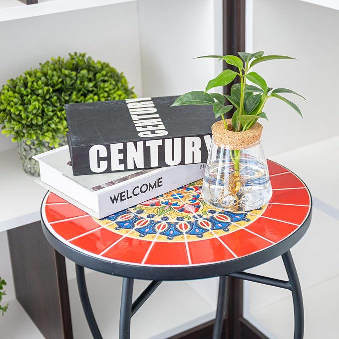 VCUTEKA Mosaic Outdoor Side Table, 14" Round Small Patio Accent Table Indoor End Table for Yard, Garden, Living Room, Bistro Balcony or Lawn Red