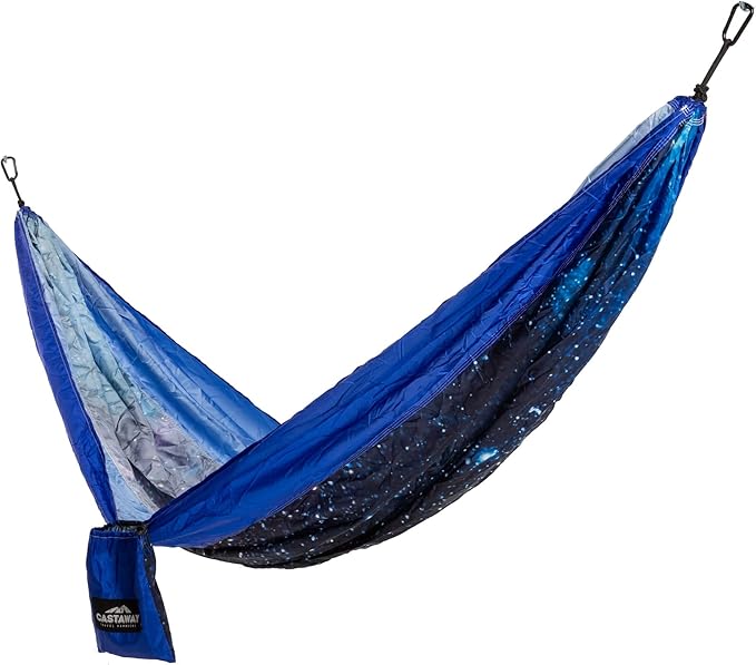 Castaway Travel Hammocks Double Galaxy Camping Hammock with 2 Tree Straps, Triple Stitched Durable Nylon Material, Compact Design for Backpacking, Travel, Beach, Backyard, Patio, Hiking